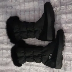 Coach Theona Black Rabbit Fur Lined Puffer Canvas Knee High Zipper Boots Size 6B