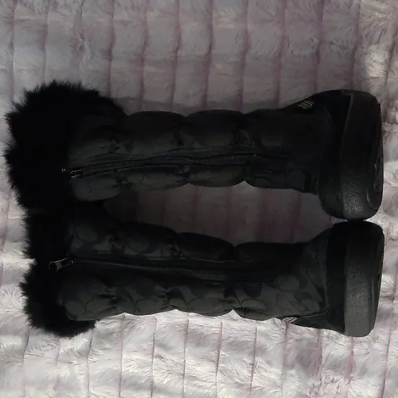 Coach Theona Black Rabbit Fur Lined Puffer Canvas Knee High Zipper Boots Size 6B