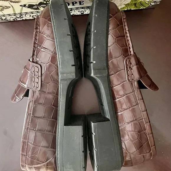 COACH Women’s Chocolate Brown Crocodile Embossed Leather Slip-On Loafers