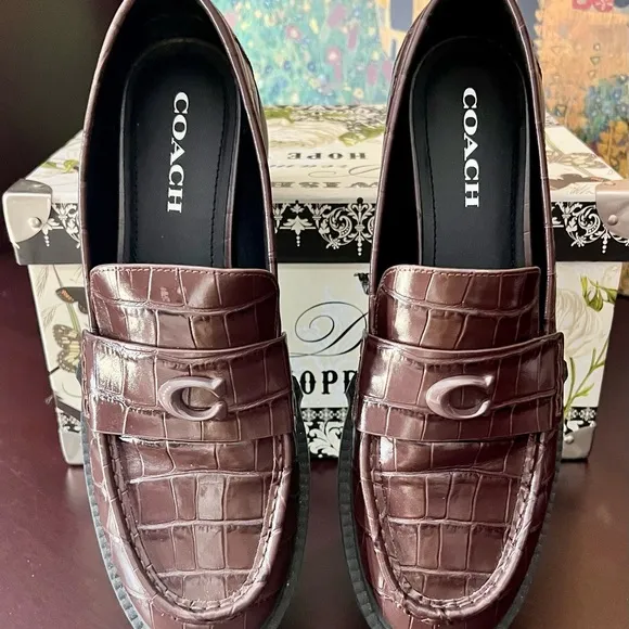 COACH Women’s Chocolate Brown Crocodile Embossed Leather Slip-On Loafers