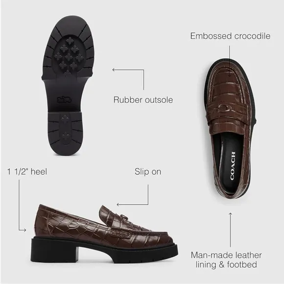 COACH Women’s Chocolate Brown Crocodile Embossed Leather Slip-On Loafers