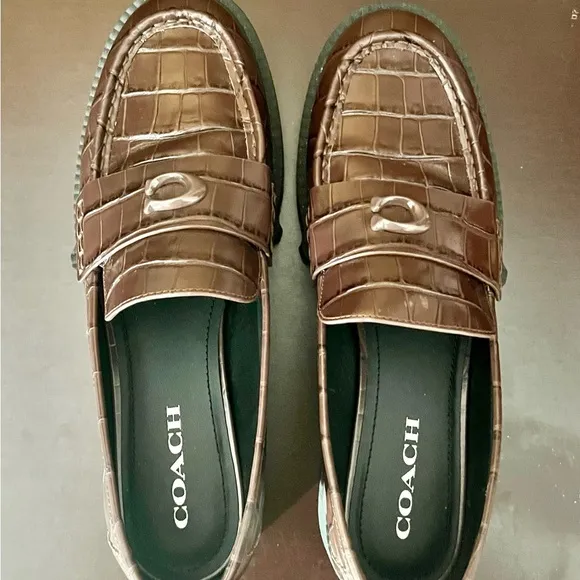 COACH Women’s Chocolate Brown Crocodile Embossed Leather Slip-On Loafers
