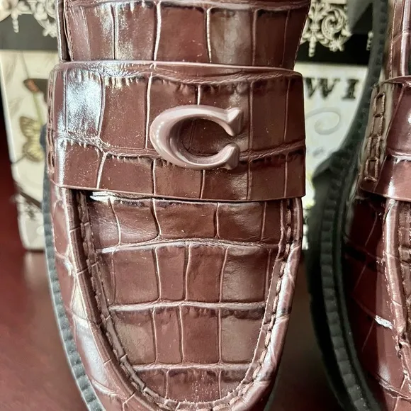 COACH Women’s Chocolate Brown Crocodile Embossed Leather Slip-On Loafers