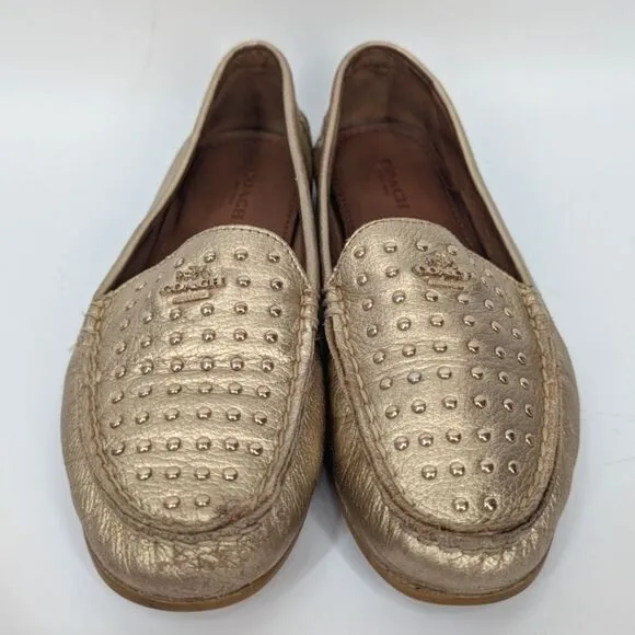Coach Women's Gold Metallic Studded Leather Orlene Loafers Flats Designer 6.5