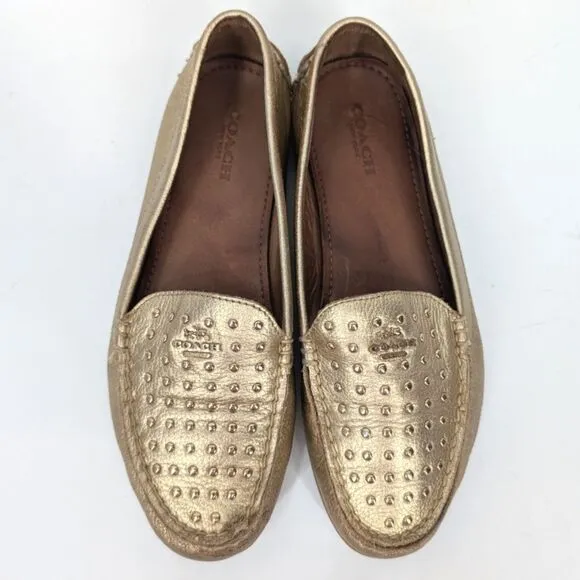 Coach Women's Gold Metallic Studded Leather Orlene Loafers Flats Designer 6.5