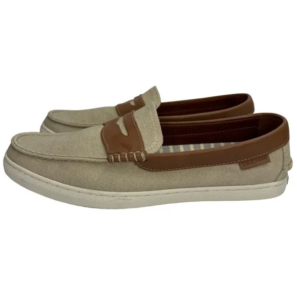 Cole Haan Beige Canvas Nantucket Penny Loafer Brown Leather Detail Men's Sz 10 M