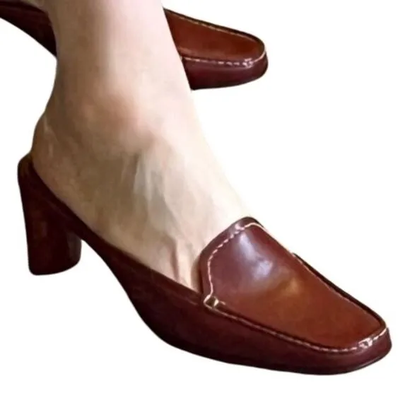 Cole Haan Country Cognac Brown Leather Contrast Stitching Slide Mule Loafers 10