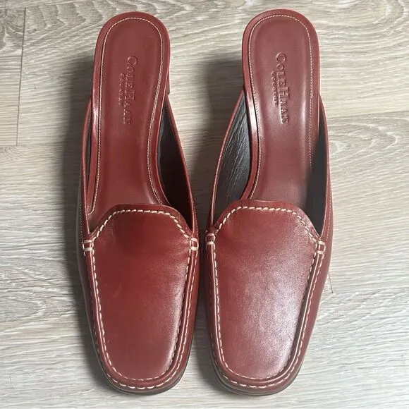 Cole Haan Country Cognac Brown Leather Contrast Stitching Slide Mule Loafers 10