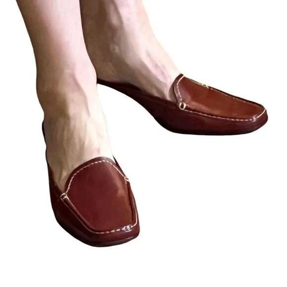 Cole Haan Country Cognac Brown Leather Contrast Stitching Slide Mule Loafers 10