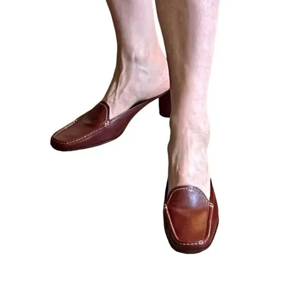 Cole Haan Country Cognac Brown Leather Contrast Stitching Slide Mule Loafers 10
