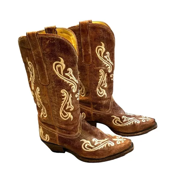 Corral “Cortez Cleff Embroidery” Distressed Western Cowgirl Boot, Sz 7.5…