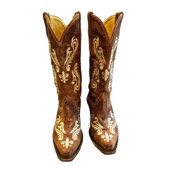 Corral “Cortez Cleff Embroidery” Distressed Western Cowgirl Boot, Sz 7.5…