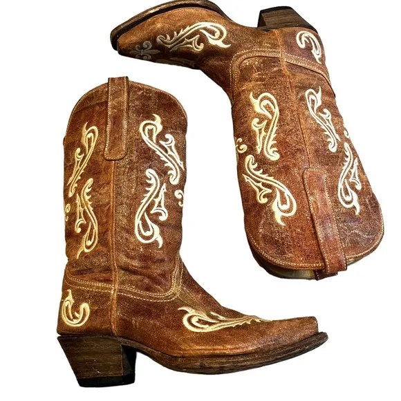 Corral “Cortez Cleff Embroidery” Distressed Western Cowgirl Boot, Sz 7.5…