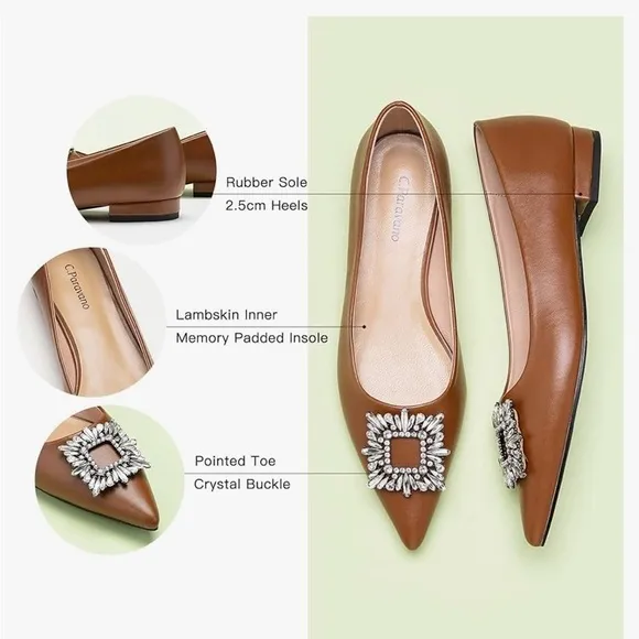 C.Paravano Women's Crystal Buckle Ballet Flats - Pointed Toe Slip 7.5