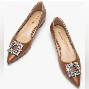 C.Paravano Women's Crystal Buckle Ballet Flats - Pointed Toe Slip 7.5