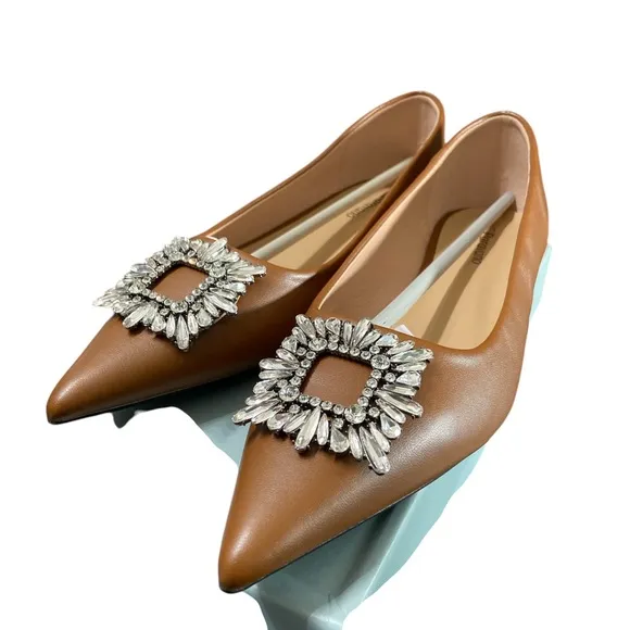 C.Paravano Women's Crystal Buckle Ballet Flats - Pointed Toe Slip 7.5