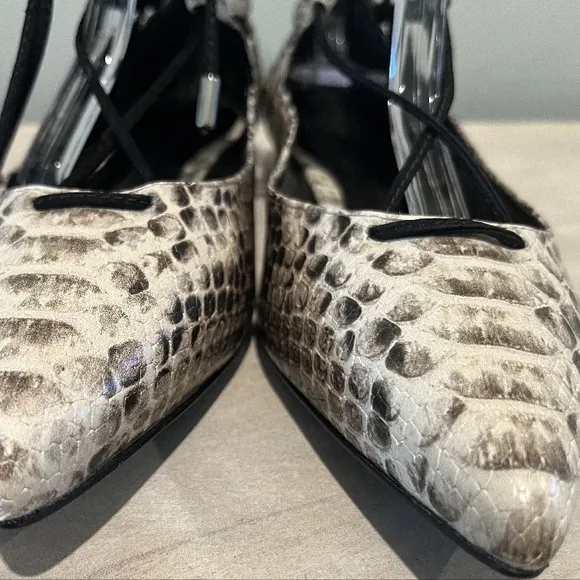 Cream Snakeskin Ankle-Wrap Flats