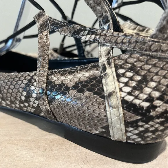 Cream Snakeskin Ankle-Wrap Flats