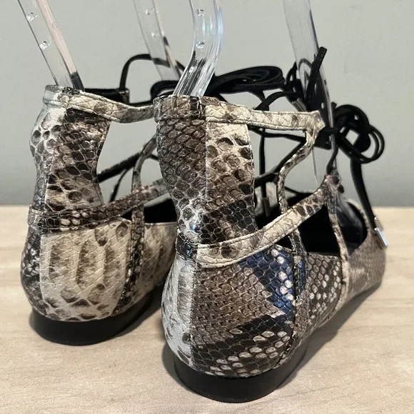 Cream Snakeskin Ankle-Wrap Flats