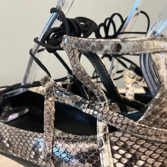 Cream Snakeskin Ankle-Wrap Flats