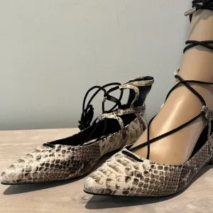 Cream Snakeskin Ankle-Wrap Flats