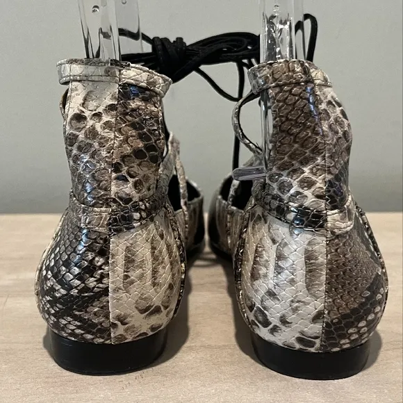 Cream Snakeskin Ankle-Wrap Flats
