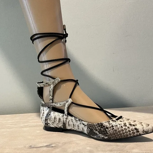 Cream Snakeskin Ankle-Wrap Flats