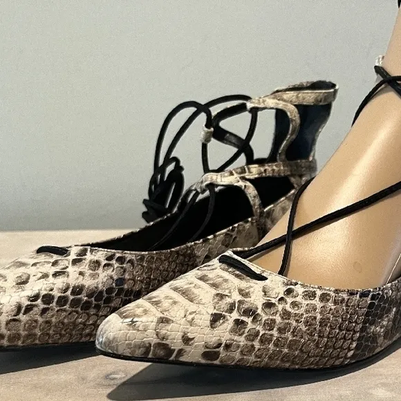 Cream Snakeskin Ankle-Wrap Flats