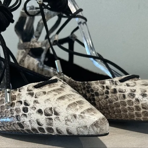 Cream Snakeskin Ankle-Wrap Flats