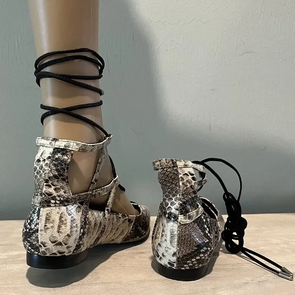 Cream Snakeskin Ankle-Wrap Flats