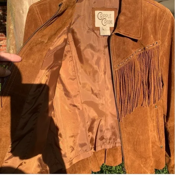 Cripple creek leather suede fringe western jacket leather lacing RTL $395 S VGUC