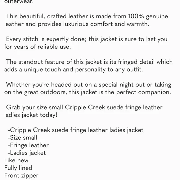 Cripple creek leather suede fringe western jacket leather lacing RTL $395 S VGUC