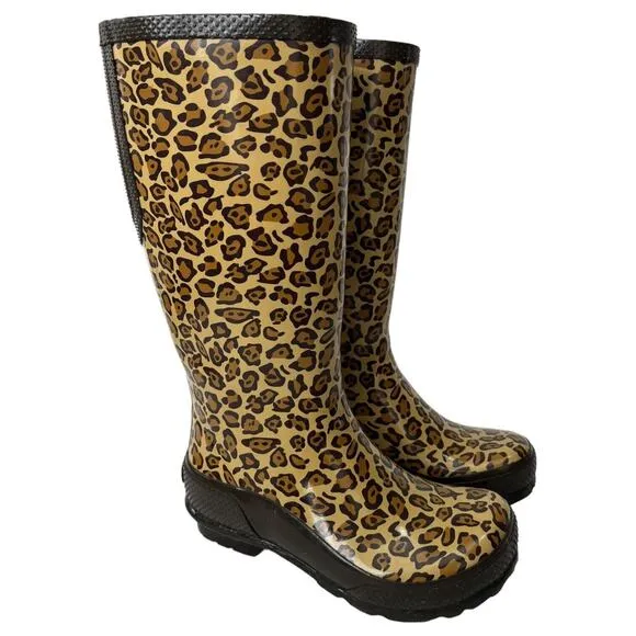 Crocs Boots Womens 6 Leopard Rubber Rain Tall Mobwife Outdoors Brown 203234