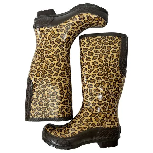 Crocs Boots Womens 6 Leopard Rubber Rain Tall Mobwife Outdoors Brown 203234