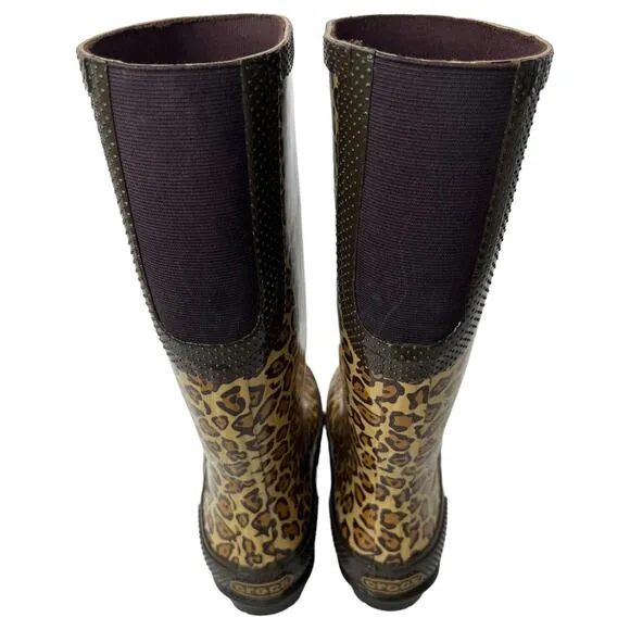 Crocs Boots Womens 6 Leopard Rubber Rain Tall Mobwife Outdoors Brown 203234