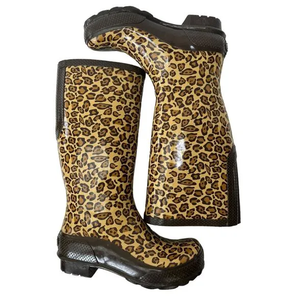 Crocs Boots Womens 6 Leopard Rubber Rain Tall Mobwife Outdoors Brown 203234