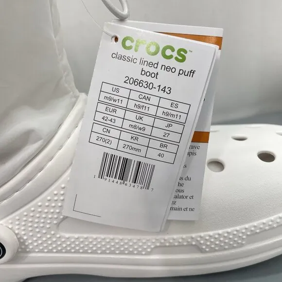 Crocs Classic Lined Neo Puff Boots Faux Fur White Womens 11 Mens 9