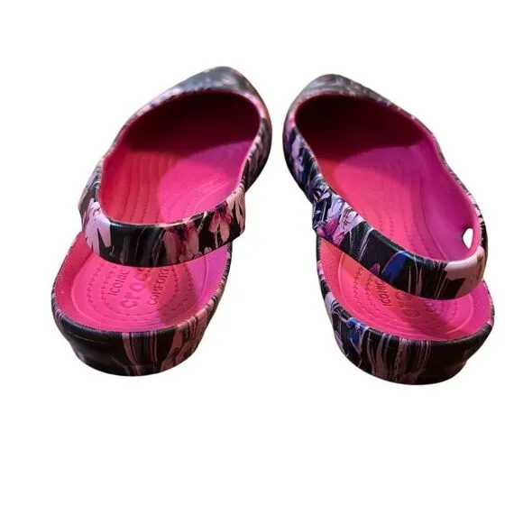 Crocs Eve Tropical Slingback Flats Pointed Toe Black Pink Floral Pattern Size 11