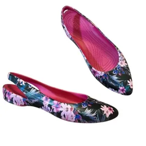 Crocs Eve Tropical Slingback Flats Pointed Toe Black Pink Floral Pattern Size 11