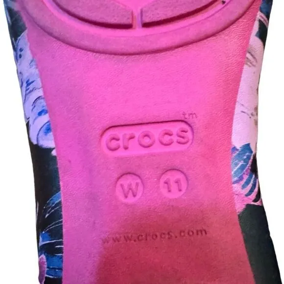 Crocs Eve Tropical Slingback Flats Pointed Toe Black Pink Floral Pattern Size 11