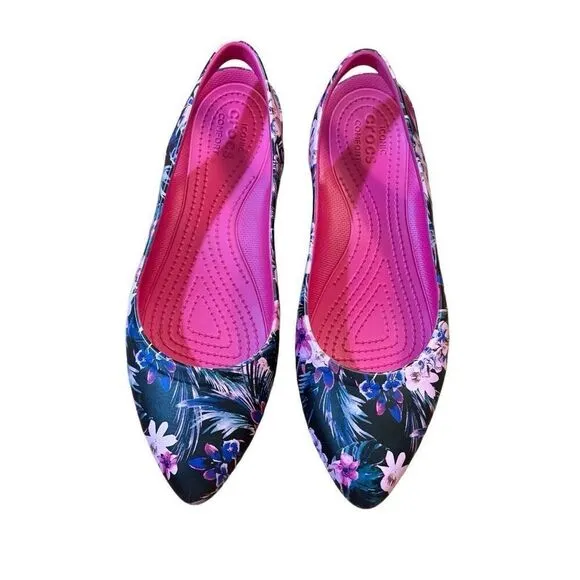 Crocs Eve Tropical Slingback Flats Pointed Toe Black Pink Floral Pattern Size 11