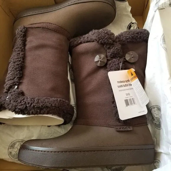 Crocs Modessa Women's Synthetic Suede Button Boots in Brown Size 6 NEW