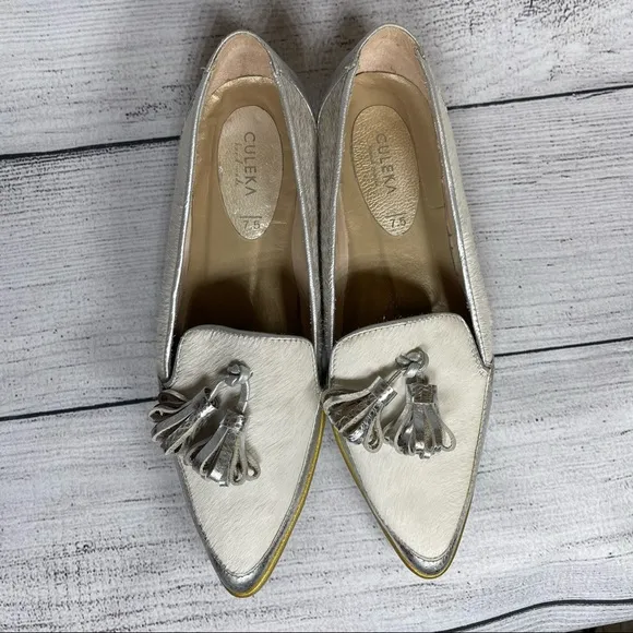Culeka Handmade Calf Hair &amp; Metallic Leather Tassel Loafers Sz 7.5
