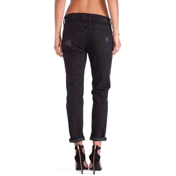 Current/Elliott The Fling Black Tattered Distressed Slim Boyfriend Jeans EUC 23