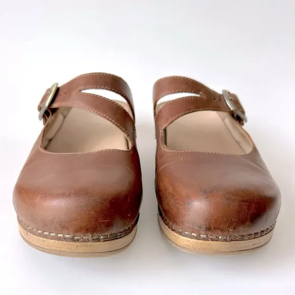 Dansko Britney Brown Tan Oiled Leather Pull Up Mary Jane Clog Mule Size 39