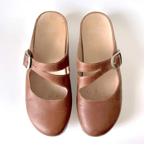 Dansko Britney Brown Tan Oiled Leather Pull Up Mary Jane Clog Mule Size 39