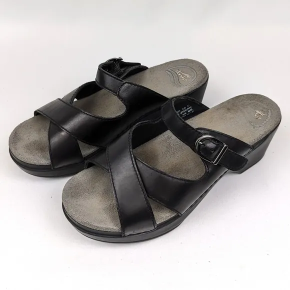Dansko Sela Slides Mules Leather Criss Cross Sandals Silver Buckle Black size 37