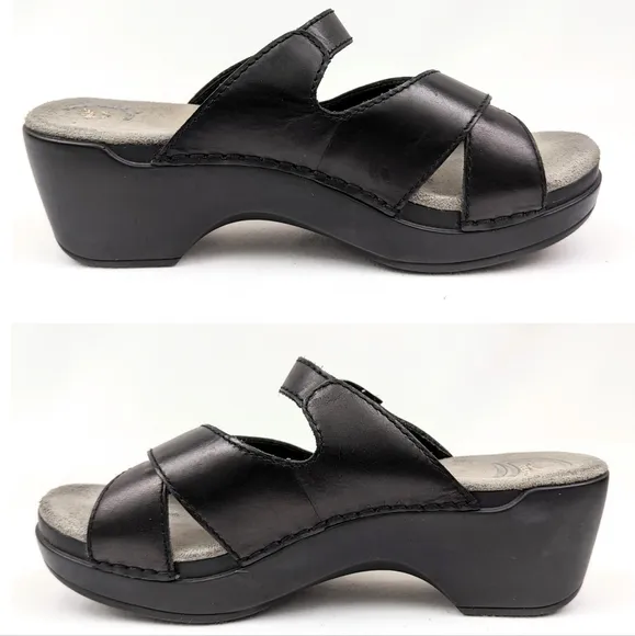 Dansko Sela Slides Mules Leather Criss Cross Sandals Silver Buckle Black size 37