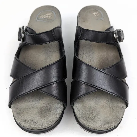 Dansko Sela Slides Mules Leather Criss Cross Sandals Silver Buckle Black size 37