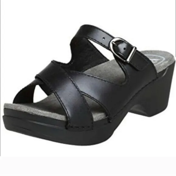 Dansko Sela Slides Mules Leather Criss Cross Sandals Silver Buckle Black size 37
